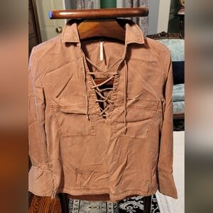 Free People Brown Lace-Up Long Sleeve Shirt